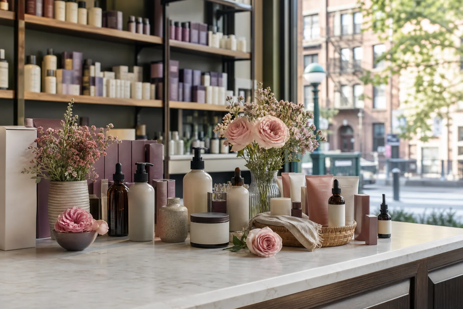 Well-stocked pharmacy shelves